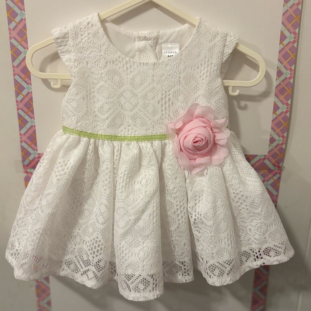 George White Lace Dress with Pink Rose Detail